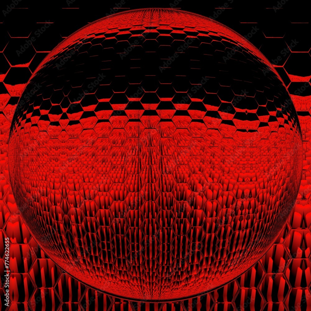 Poster bright red and black hexagonal mosaic tiled design over a 3d sphere