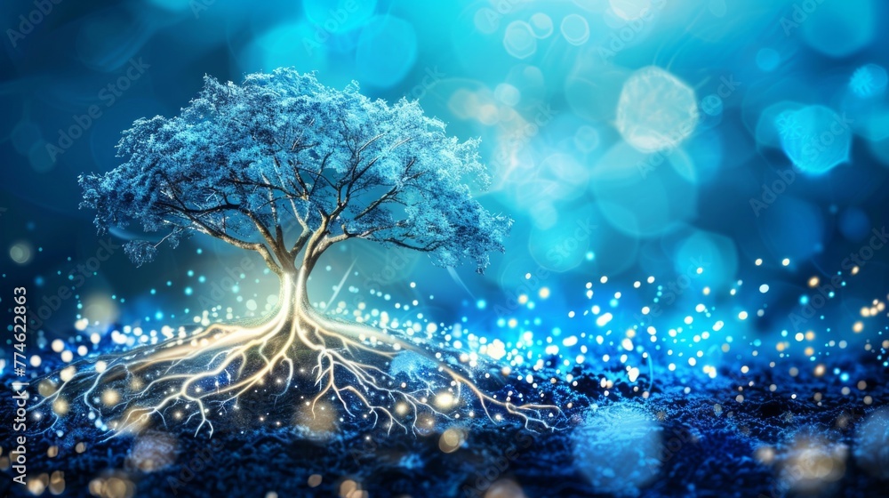 Poster a magic tree with numerous roots visible on its trunk, surrounded by a blue blurred background