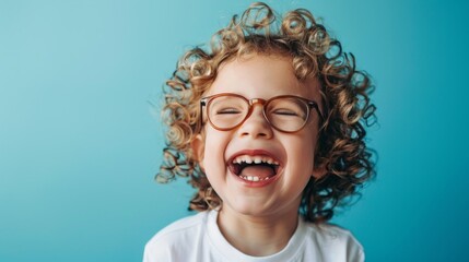 A happy young child with curly hair is wearing glasses and flashing a bright smile