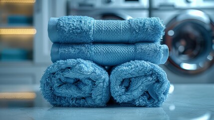  A blue-towel stack sits atop a counter near a washer and dryer in a laundry room - obrazy, fototapety, plakaty