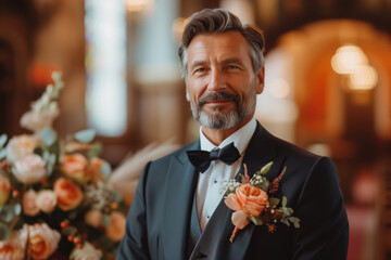 Middle-aged man groom dressed in a stylish tuxedo for a wedding or special occasion in a church - obrazy, fototapety, plakaty