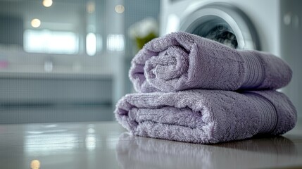   A pile of purple towels on a counter with a washer and dryer in a bathroom - obrazy, fototapety, plakaty