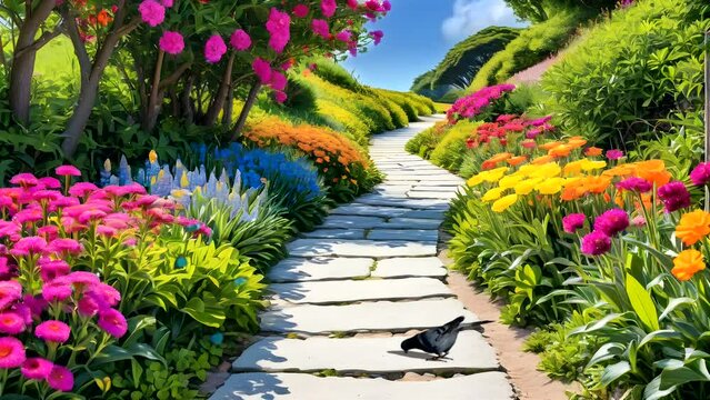 A bird on path with blooming colorful flowers and butterflies