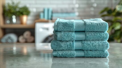   A blue towel stack sits on a counter with a potted plant nearby
