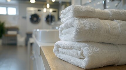   Folded white towels on wooden counter near white sink in bathroom