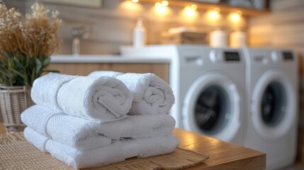   White towels neatly piled on wooden table in front of washer and dryer