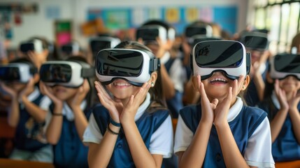 children in a schools classroom wearing VR glasses - kids using virtual reality for education