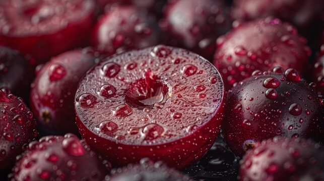   A high-resolution image featuring a close-up of various fruits with droplets of water strategically placed on both the top and bottom surfaces