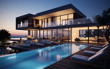 Luxury modern house with swimming pool at night