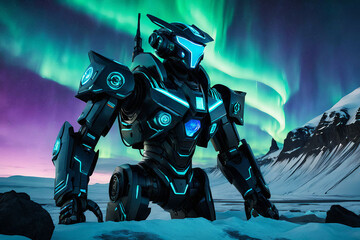 Majestic robot with Aurora Borealis background