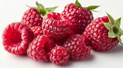   A pile of juicy raspberries sits on a white table, surrounded by a lush green plant