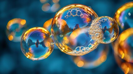   A group of soap bubbles float on a blue and yellow background as they bobble above each other - obrazy, fototapety, plakaty