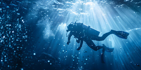 Diver breathes air under water bubbles, releases gas, landscape underwater depth, An underwater scene with a diver and a sea eagle.

