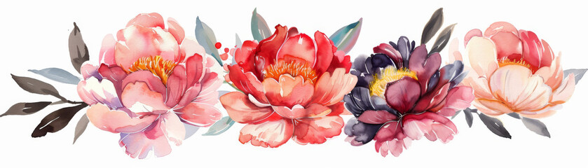 A row of flowers with a white background. The flowers are pink and purple