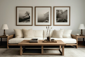 Tranquil Scandinavian-style lounge area with twin sofas, a weathered wooden table, and an empty...
