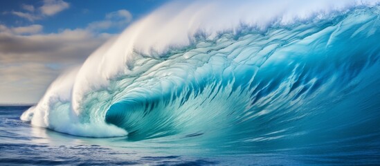 A detailed view of a massive wave rolling in the ocean under a blue sky, showcasing the power and beauty of nature