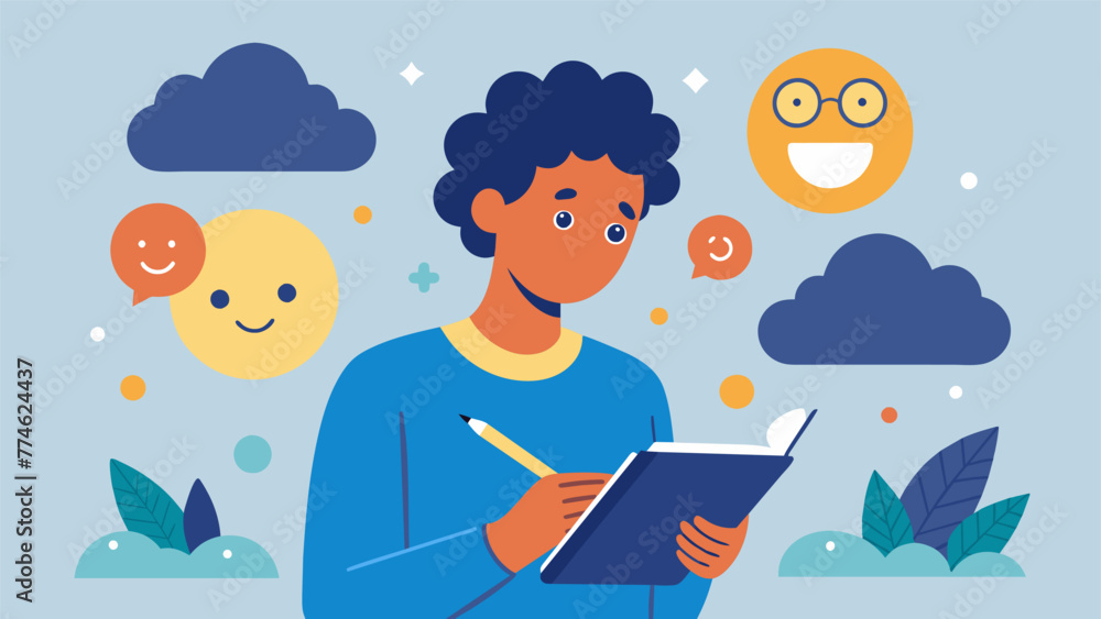 Poster a person using a journal to reflect on their emotions and identify patterns in their behavior in ord