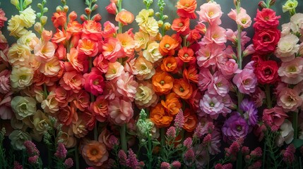   A group of colorful flowers arranged in shades of pink, orange, yellow, and green