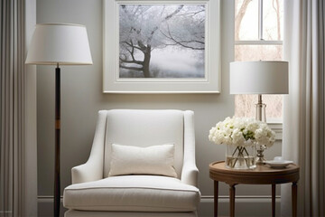 Tranquil living room ambiance with white frame, armchair, table, and lamp.