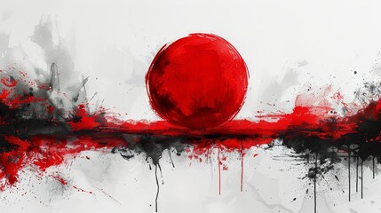   A painting of a red ball positioned atop a black-and-white striped background, adorned with splashes of paint - obrazy, fototapety, plakaty