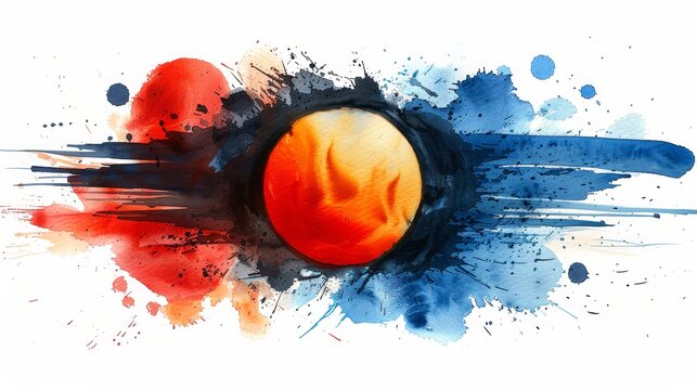  An orange and a black circle with paint splatters on a white background in watercolor