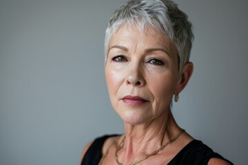 Portrait of a beautiful senior woman with grey hair wearing a black dress