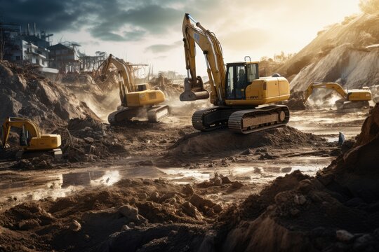 Heavy machinery digging up earth at a construction site, Backhoe digging up earth at building site in close up, AI generated