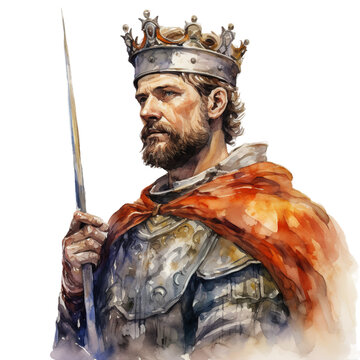 illustration of watercolor of king arthur, Isolated on transparent PNG background, Generative ai