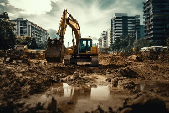Heavy machinery digging up earth at a construction site, Close up of a digger digging foundation at construction site, AI generated