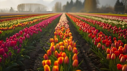 Tulip fields at the start of spring, Lisse, Netherlands, different color  Tulip Fields Zoom out to reveal endless rows spring background, ai generated  - obrazy, fototapety, plakaty
