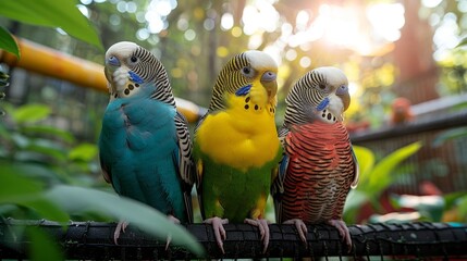   A flock of colorful birds perched atop a tree limb, surrounded by a verdant canopy of leaves and towering trees