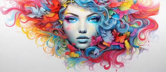 A vibrant painting depicting a woman with colorful hair adorned with beautiful flowers