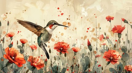   A hummingbird flies above a field of red flowers, with a vivid hummingbird depicted in the foreground