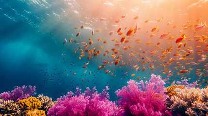 seascape of an underwater fantastic coral reef with colorful tropical fish with copy space.