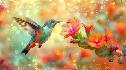  Hummingbird Feeding from Flower with Raindrops in Boke