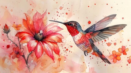   Watercolor Hummingbird Over Flower Butterfly Pink Red Background