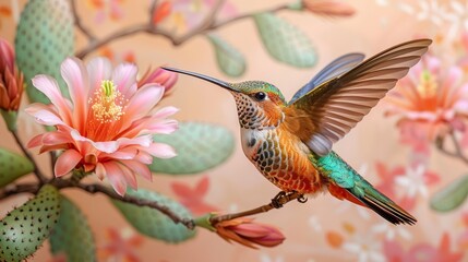   Hummingbird on branch with pink flower against green leaf backdrop