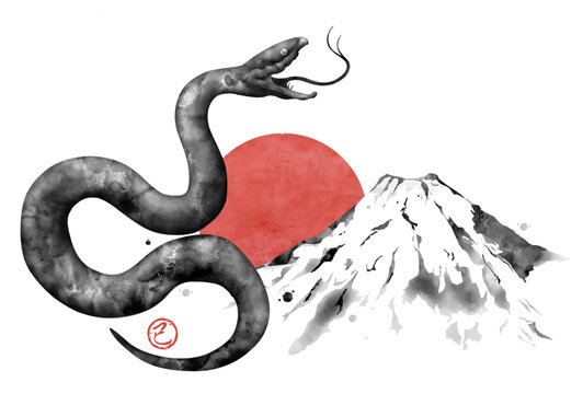 巳年, 巳, 年賀状, 2025, 蛇, 富士山, 筆書き, 筆, ビジネス, 水彩, ベクター, 筆文字, 手描き, 初日の出, 日の出, 水墨, 日の丸, イラスト,