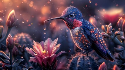   Hummingbird on cactus with flower in foreground and rain falling