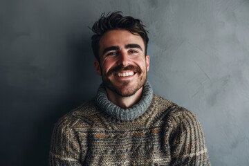 Portrait of a handsome young man in a warm sweater smiling at the camera.