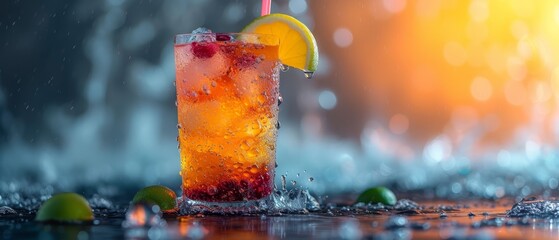   A tight shot of a lemon slice atop a glass rim, surrounded by liquid A straw juts out invitingly - obrazy, fototapety, plakaty