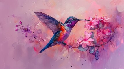   A painting of a hummingbird perched on a tree branch with pink blossoms in the focal point and a vibrant pink backdrop