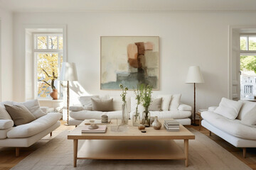 The living space emanates tranquility with its Scandinavian aesthetic, showcasing two sofas and an...
