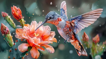   A hummingbird painting with a flower in the foreground and water droplets on the wings is optimized to 27 tokens - obrazy, fototapety, plakaty
