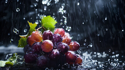 A bunch of ripe grapes, with water droplets, falling into a deep black water tank - obrazy, fototapety, plakaty