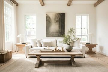 The living space emanates tranquility with its Scandinavian aesthetic, showcasing two sofas and an...