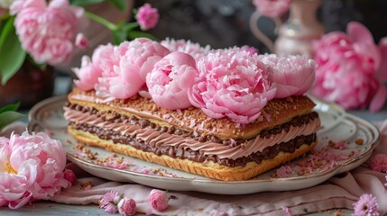   A plate with cake, frosting, pink peonies, and a vase of flowers