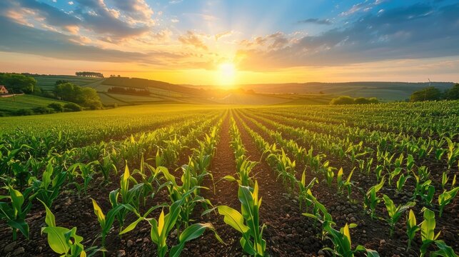 corn field or maize field at agriculture farm in the morning sunrise
