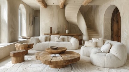 Fototapeta na wymiar A cozy living room features white couches and a wooden coffee table, with a spiral staircase ascending to the upper level