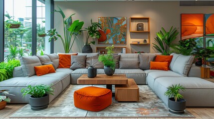   A spacious living room, adorned with ample seating and lush greenery atop a polished wooden floor - obrazy, fototapety, plakaty